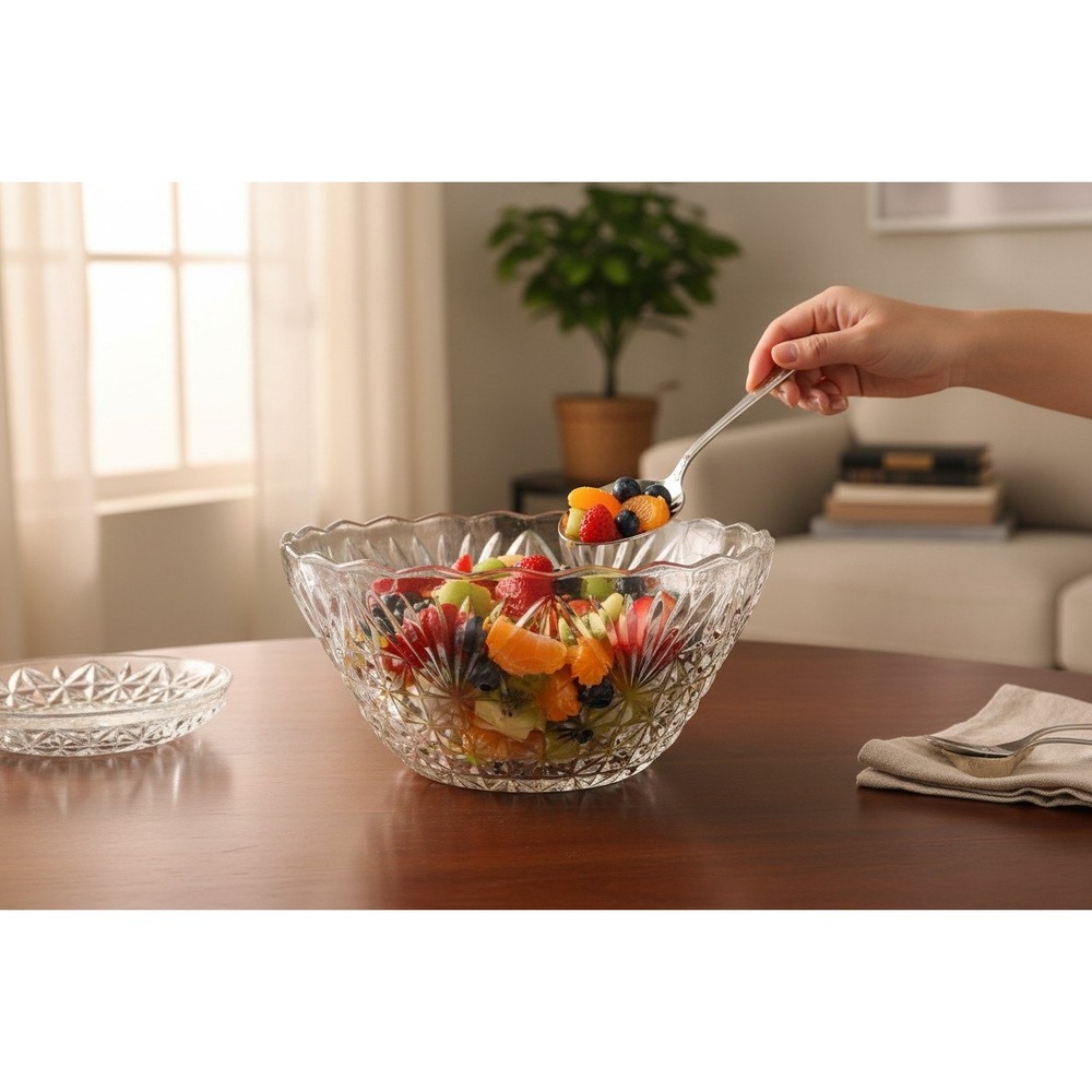Pressed Glass Serving Bowl Unisex 12in Clear Very Good Starburst Cut